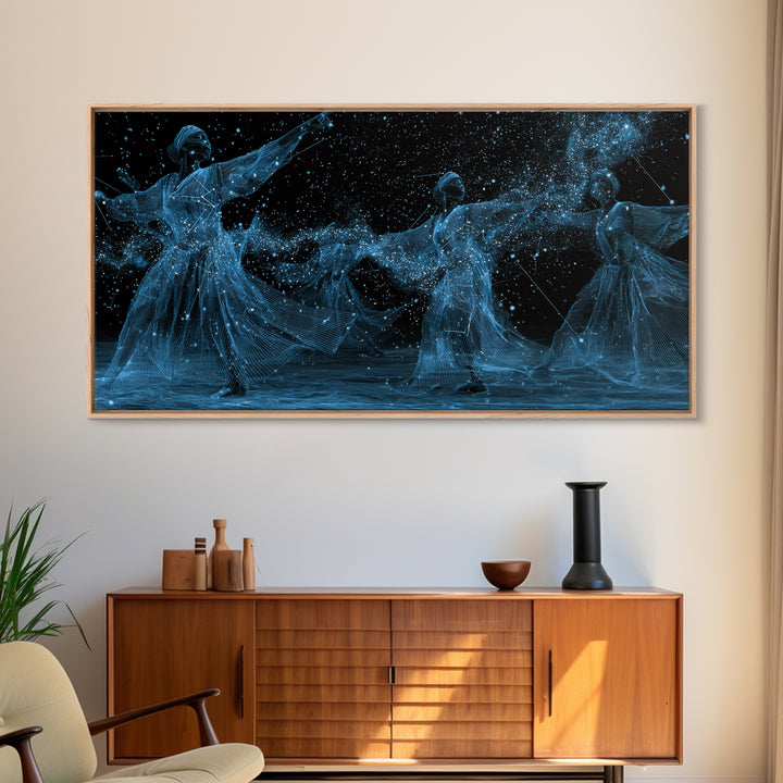 Blue Celestial African Women Dancers Wall Art, Afrocentric Canvas Print, Spiritual Black Girl Decor, Feminine Home Art Gift