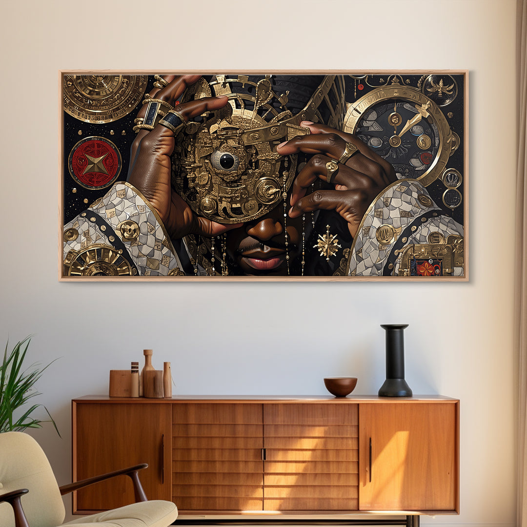 Afrofuturist Golden Mask Portrait Framed Canvas Print, African Wall Art, Black Culture Art, Luxury Afrocentric Home Decor