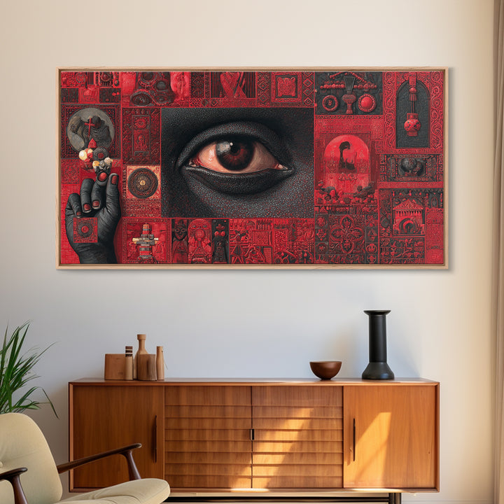 Red Mystic Eye Tribal Collage Canvas Print, African Mask Art, Afrocentric Wall Decor, Bold Cultural Artwork For Home Office