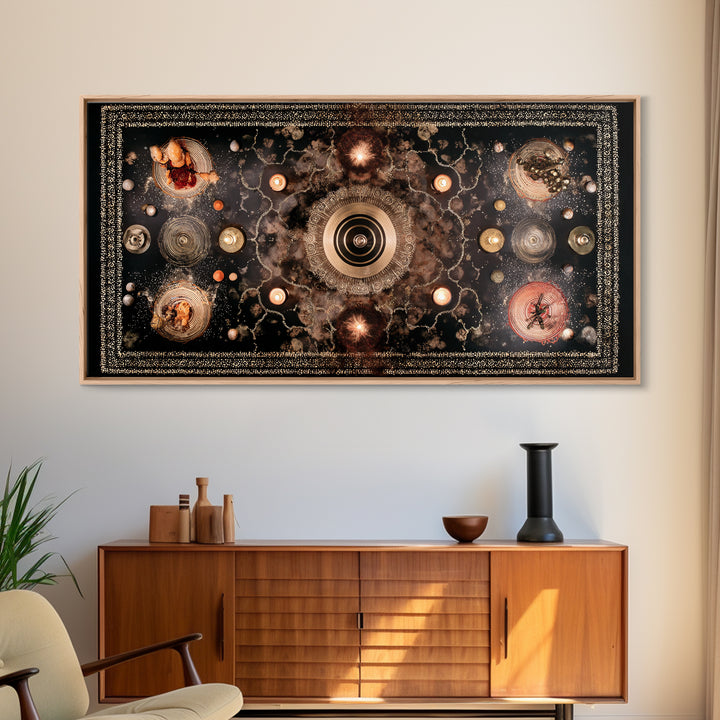 Celestial Tribal Mandala Altar Wall Art, African Inspired Abstract Art, Spiritual Gold Canvas Decor For Meditation Room Decor