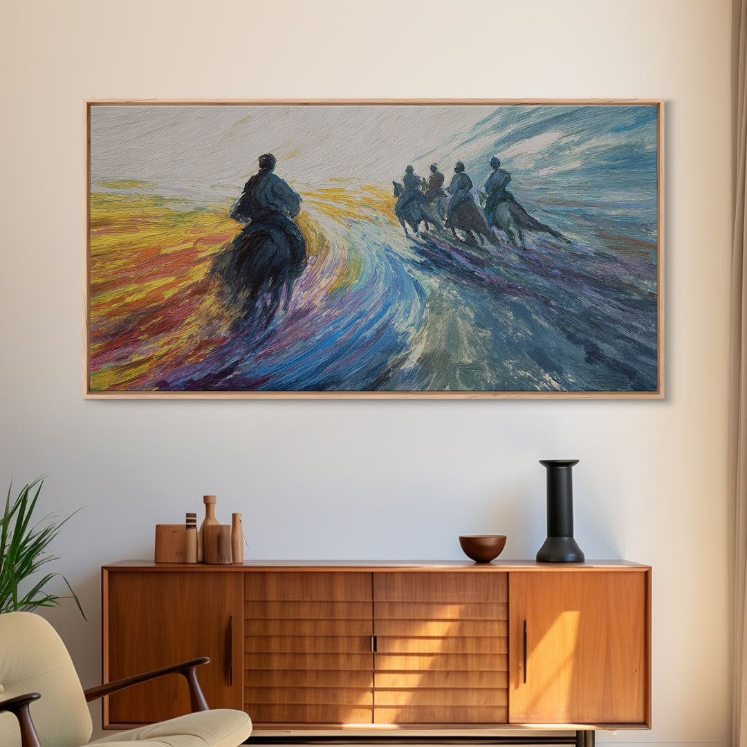 Galloping Horsemen Dawn Landscape Canvas Print, African Warrior Art, Dynamic Modern Wall Decor For Office And Living Room