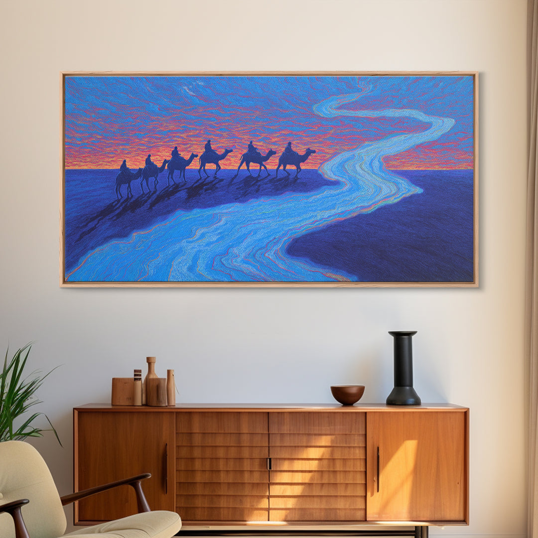Camel Caravan Blue Desert Wall Art, African Safari Art Print, Dreamy Sunset Landscape For Boho Bedroom And Travel Decor Gift
