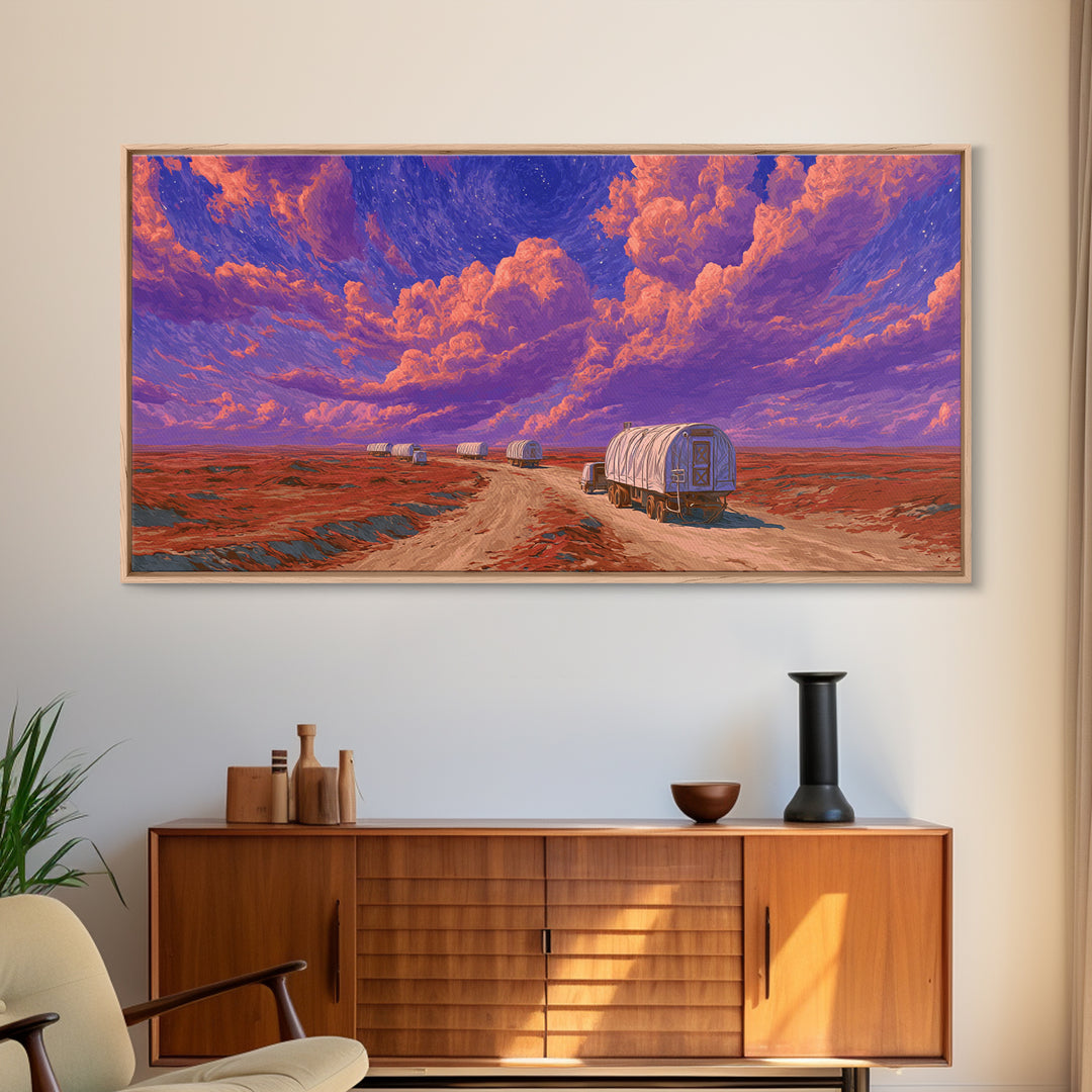 Desert Wagons Under Purple Sky Canvas Print, African Landscape Wall Art, Modern Safari Travel Home Decor For Living Room