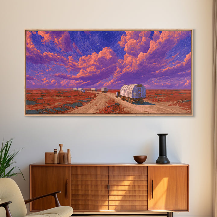 Desert Wagons Under Purple Sky Canvas Print, African Landscape Wall Art, Modern Safari Travel Home Decor For Living Room