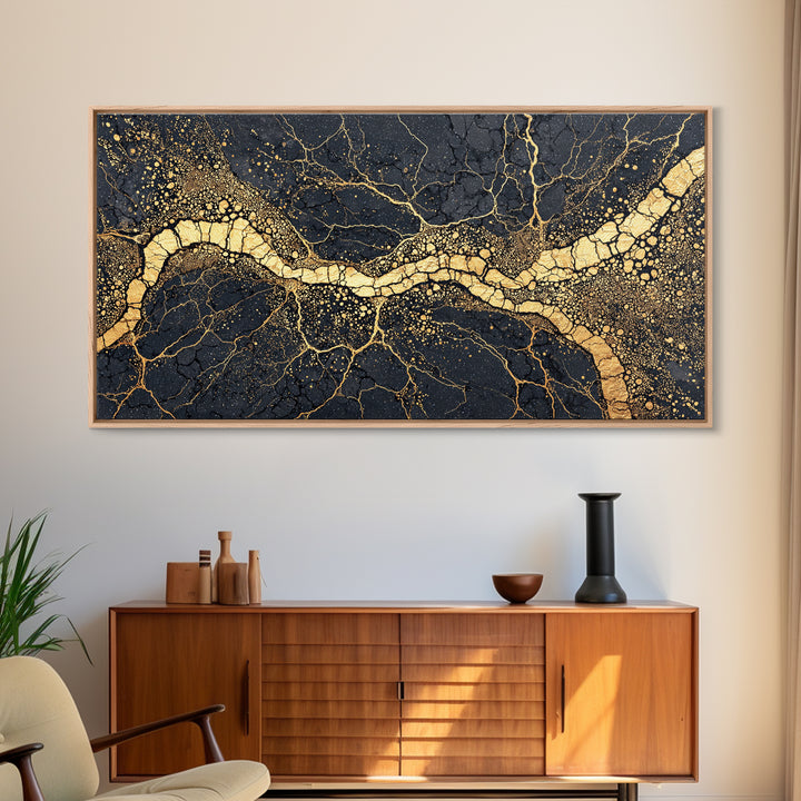 Black Gold Cracked Earth River Framed Canvas Print, Abstract African Art, Luxury Geometric Wall Decor For Modern Home Office