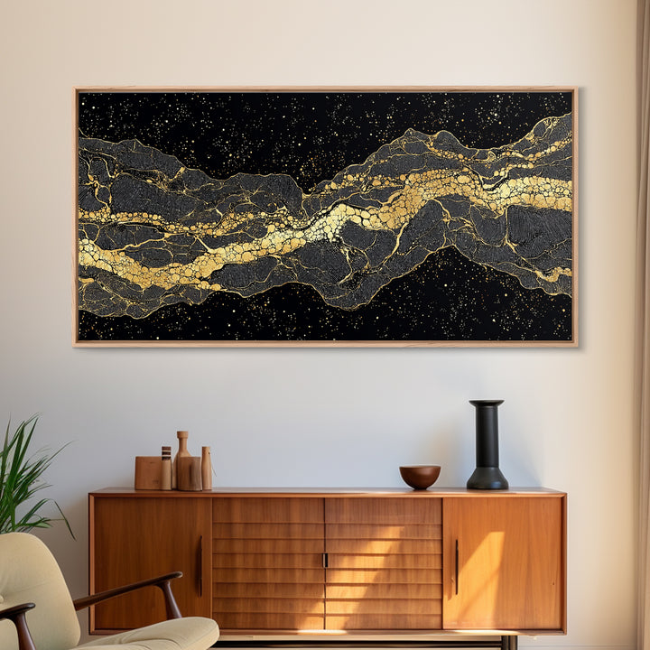 Golden Mountain Vein Abstract Wall Art, Black And Gold African Inspired Canvas Print, Luxury Statement Decor For Home Office