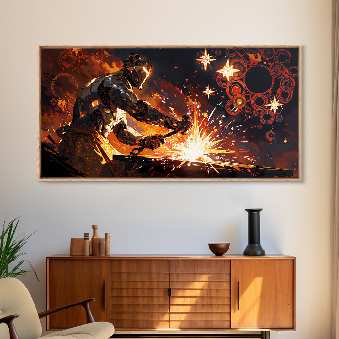 Futuristic Blacksmith Sparks Canvas Print, Industrial Wall Decor, Modern Art, Orange Metalwork, Workshop Gift, Masculine Office Art