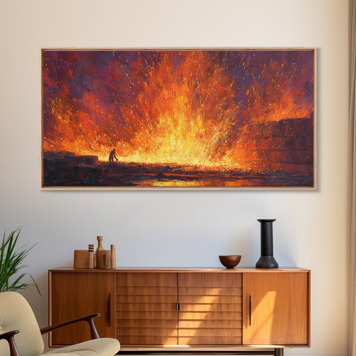 Molten Foundry Firestorm Framed Canvas Print, Fiery Industrial Wall Art, Orange Abstract Painting, Statement Living Room Decor