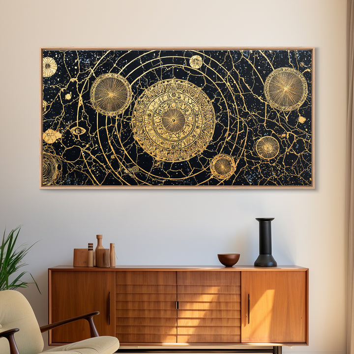 Gold Celestial Mandala Map Wall Art, African Abstract Black And Gold Decor, Luxury Canvas, Spiritual Boho Home Decor, Statement Piece