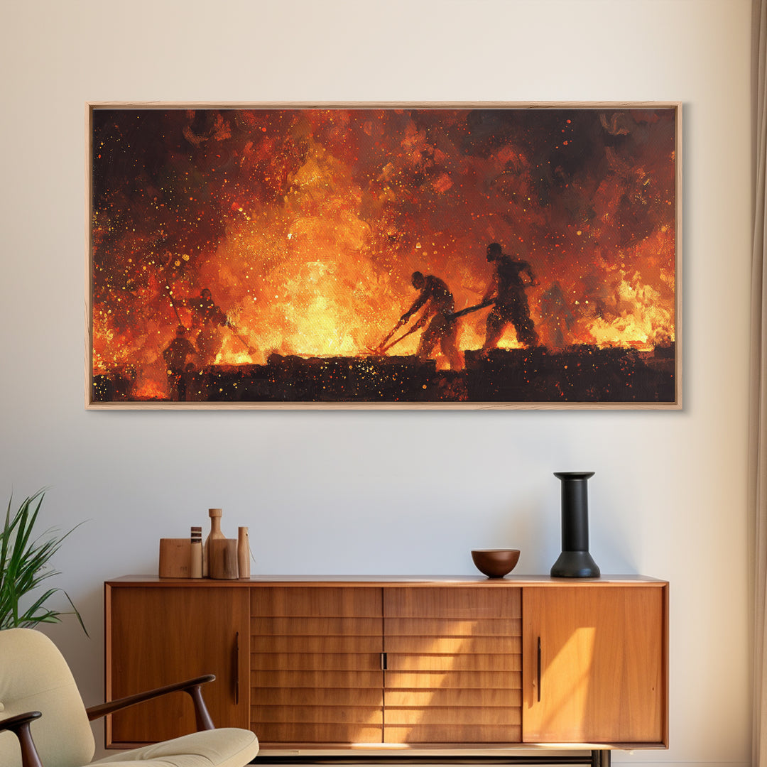 Fiery African Blacksmith Silhouette Canvas Print, African Warrior Art, Orange Abstract Painting, Black History Wall Decor Gift