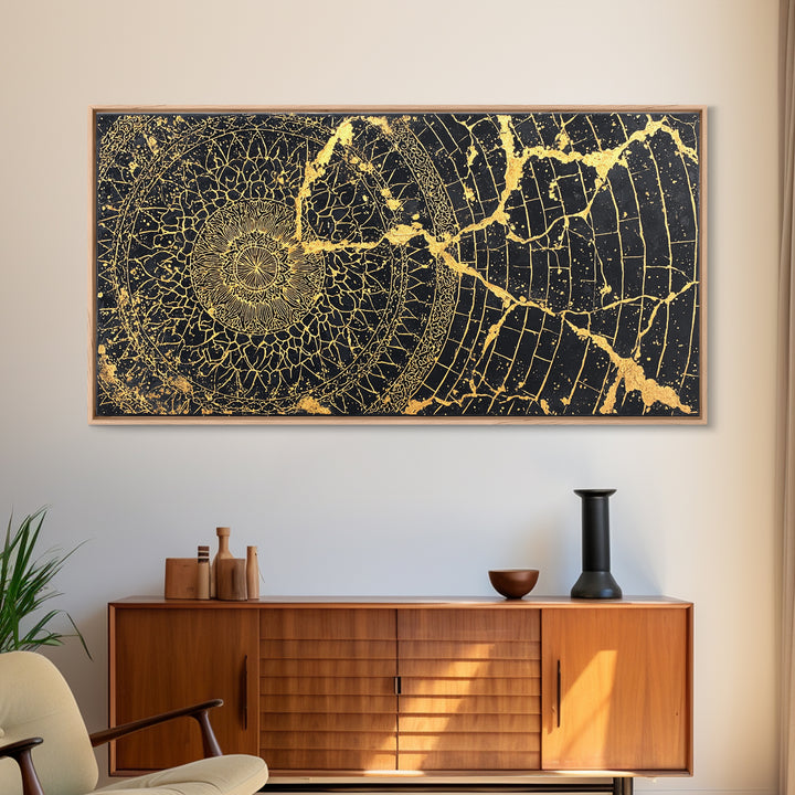 Gold Spiral Geometric Web Wall Art, Abstract African Art Print, Black Gold Decor, Modern Boho Statement Canvas For Living Room