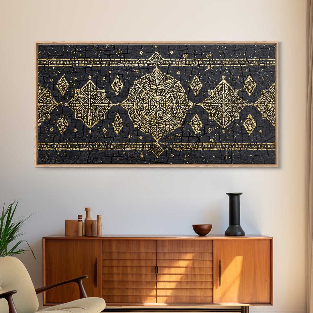 Gold Mud Cloth Geometric Framed Canvas Print, African Patterns, Tribal Art Decor, Black Gold Boho Wall Decor For Living Room