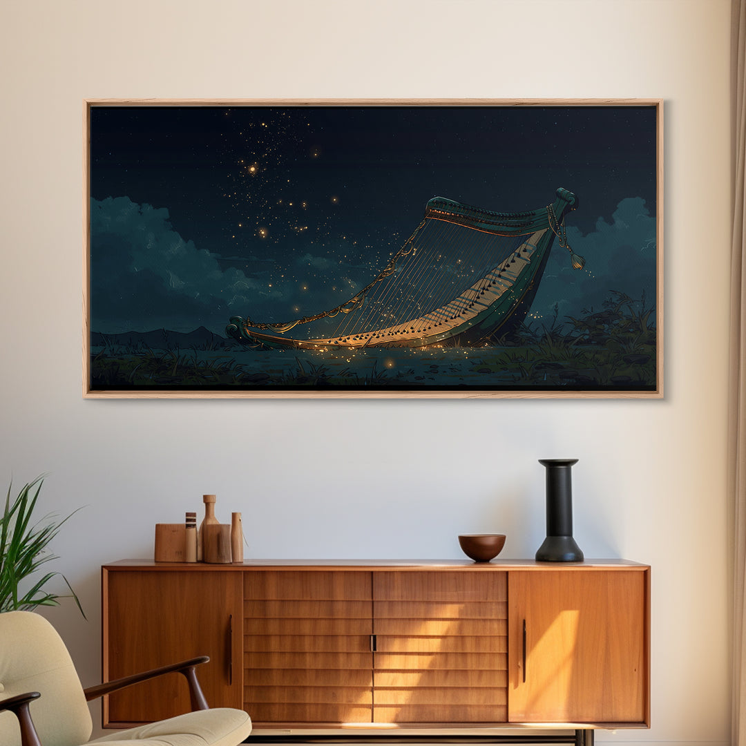 Glowing African Kora Harp Canvas Print, Night Music Wall Decor, Cultural Art Print, Starry Blue Afrocentric Home Decor, Gift For Him
