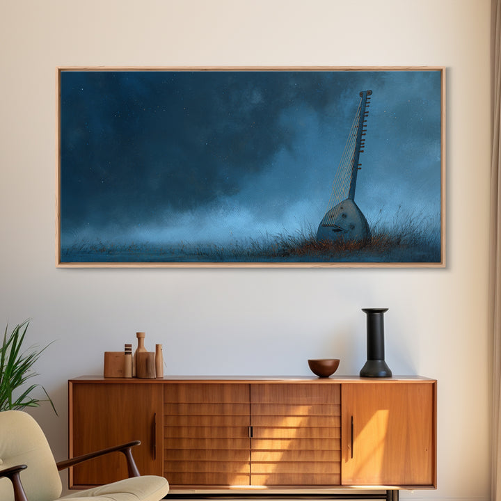 Blue African Kora Instrument Wall Art, Starry Night Music Print, Cultural African Artwork, Moody Bedroom Decor Canvas Print