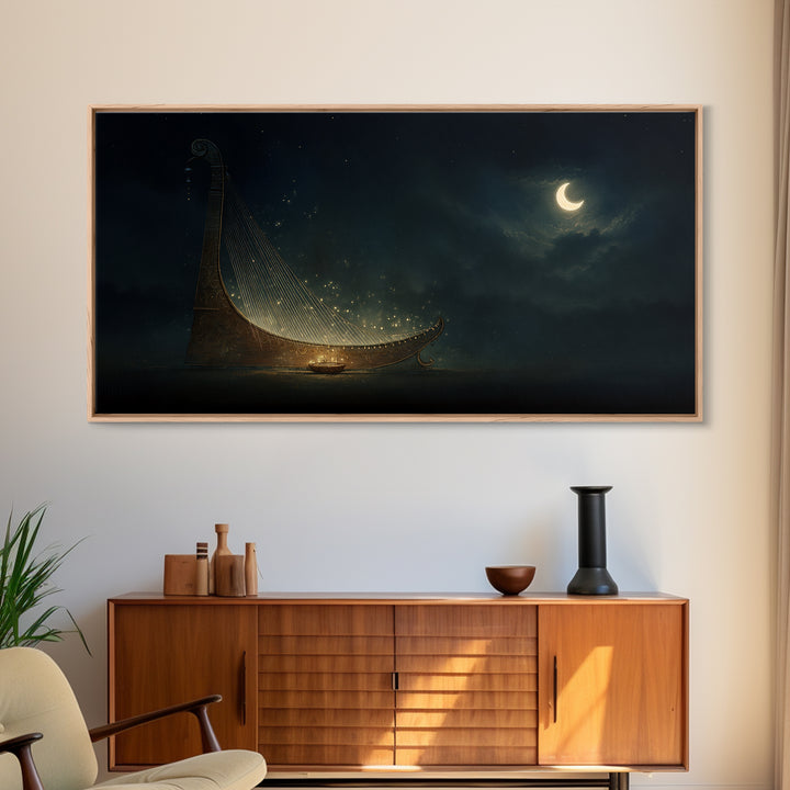Moonlit African Kora Harp Framed Canvas Print, Crescent Moon Music Wall Decor, Spiritual Afrocentric Art, Dreamy Night Gift