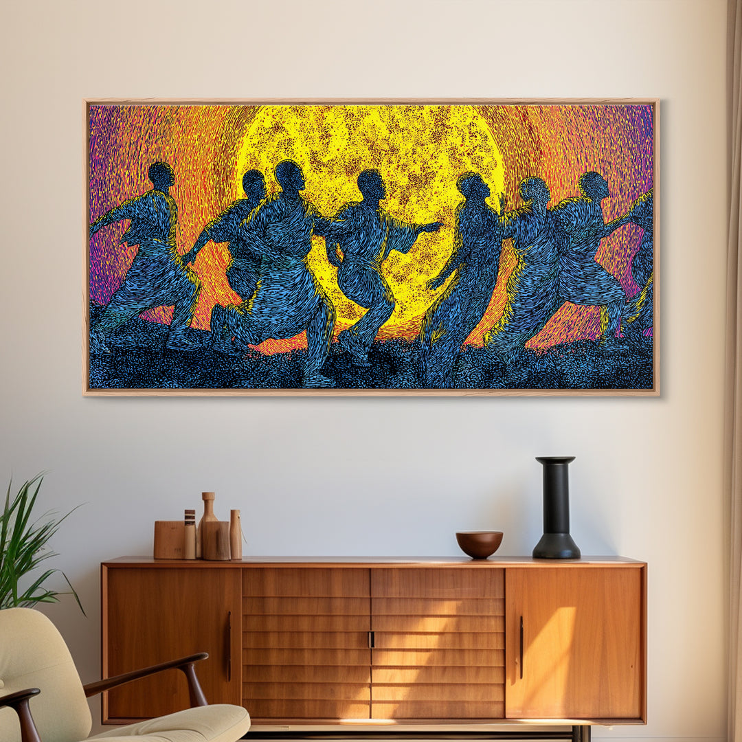 African Dancers In Golden Sun Wall Art, Colorful Afrocentric Decor, Tribal Celebration Print, Black Culture Canvas Art Gift