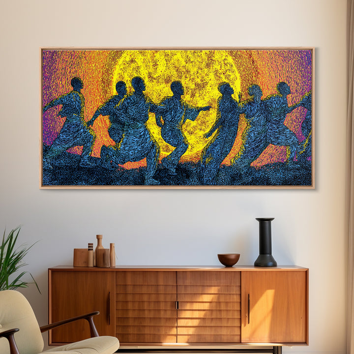 African Dancers In Golden Sun Wall Art, Colorful Afrocentric Decor, Tribal Celebration Print, Black Culture Canvas Art Gift
