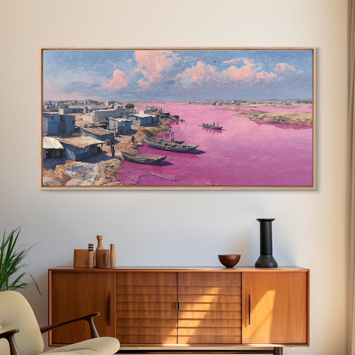 Pink River African Village Wall Art, West African Landscape, Coastal Boat Scene, Serene Travel Decor For Living Room Canvas Gift