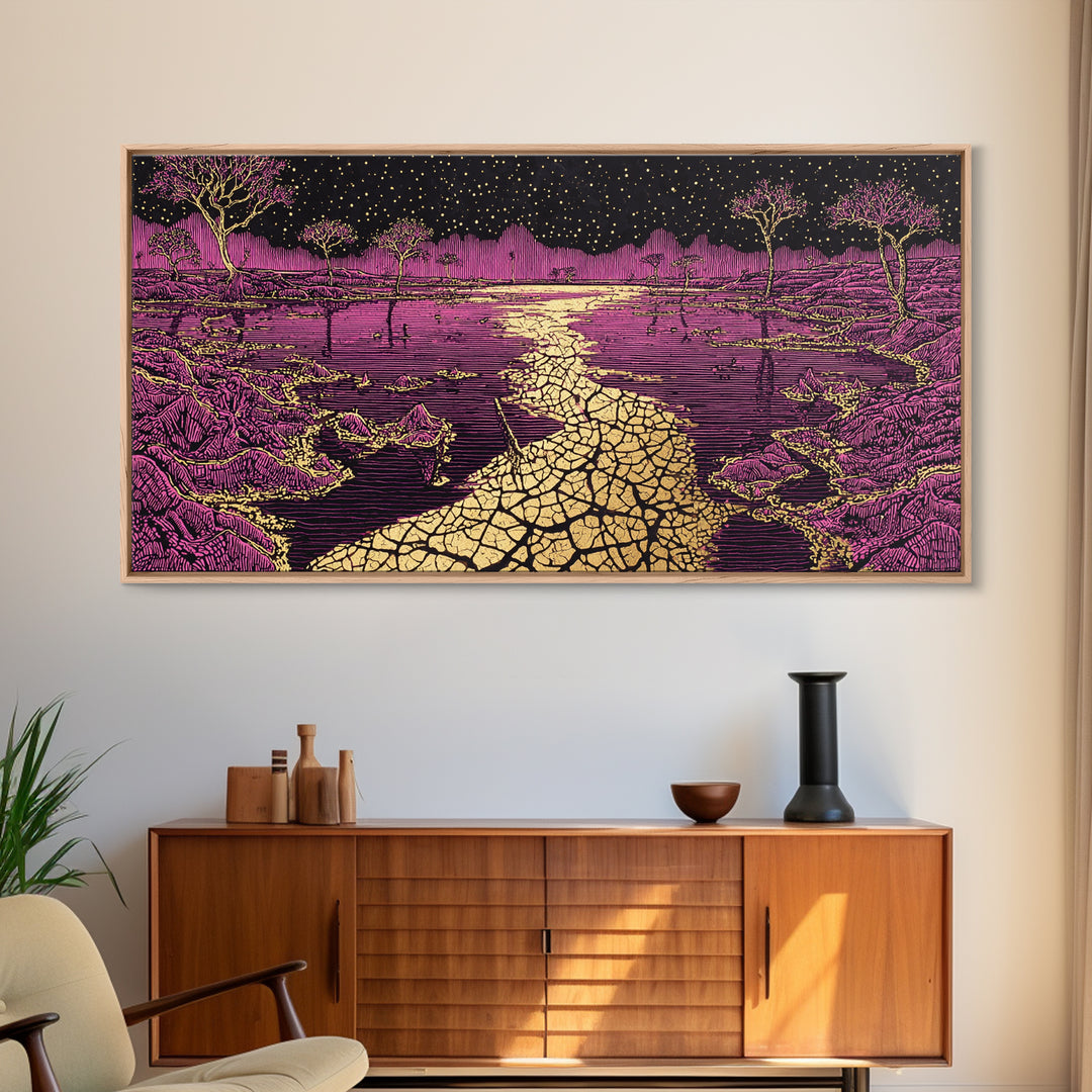 Mystic Purple Savannah Path Wall Art, African Tree Landscape, Starry Night Boho Decor, Spiritual Canvas For Living Room Gift