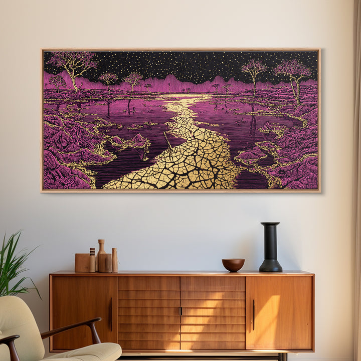 Mystic Purple Savannah Path Wall Art, African Tree Landscape, Starry Night Boho Decor, Spiritual Canvas For Living Room Gift