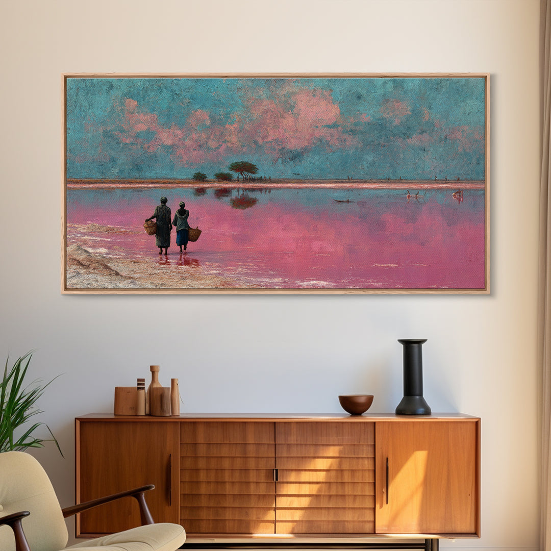 African Women At Pink Lake Wall Art, Pastel Landscape Painting, Motherland Travel Decor, Feminine Canvas For Living Room