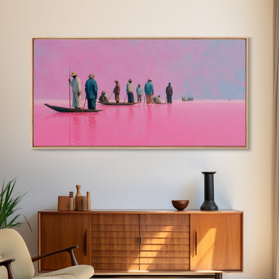 Pink Lake Fishermen On Long Boat Canvas Print, African Travel Landscape, Minimalist Coastal Decor For Modern Living Room