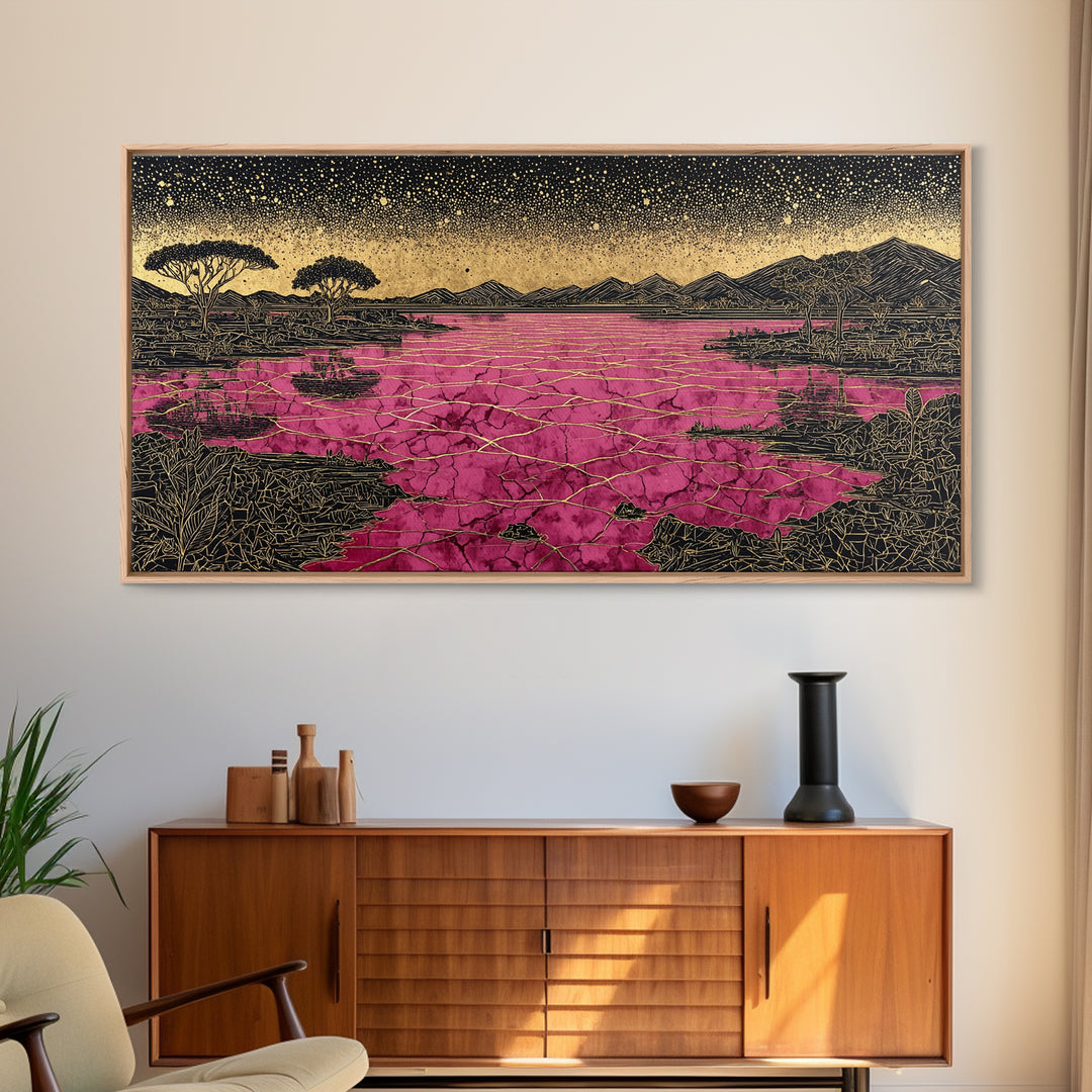 Cracked Pink Lake Savannah Wall Art, African Landscape, Black Gold Boho Decor, Serengeti Inspired Canvas For Living Room