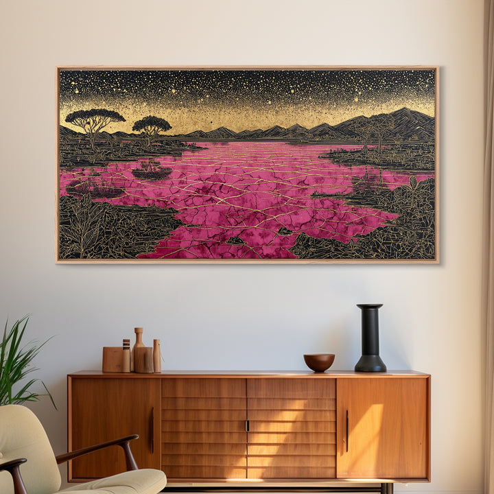 Cracked Pink Lake Savannah Wall Art, African Landscape, Black Gold Boho Decor, Serengeti Inspired Canvas For Living Room