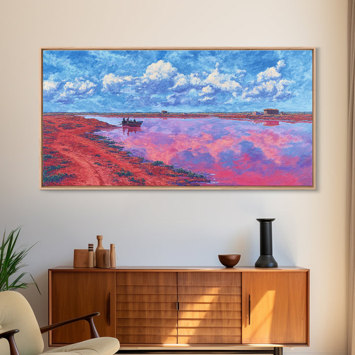 Pink Salt Lake Boats Wall Art, African Landscape Painting, Coastal Travel Poster, Blue Sky Canvas Decor, Living Room Gift