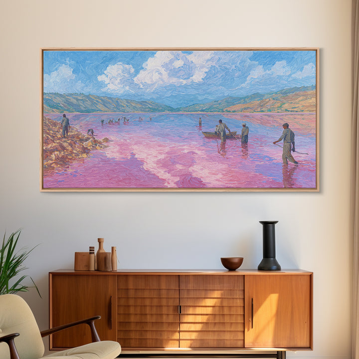 Pastel Salt Lake Workers Canvas Print, African Landscape Wall Decor, Pink Water Painting, Mountain Travel Art Gift, Living Room Decor