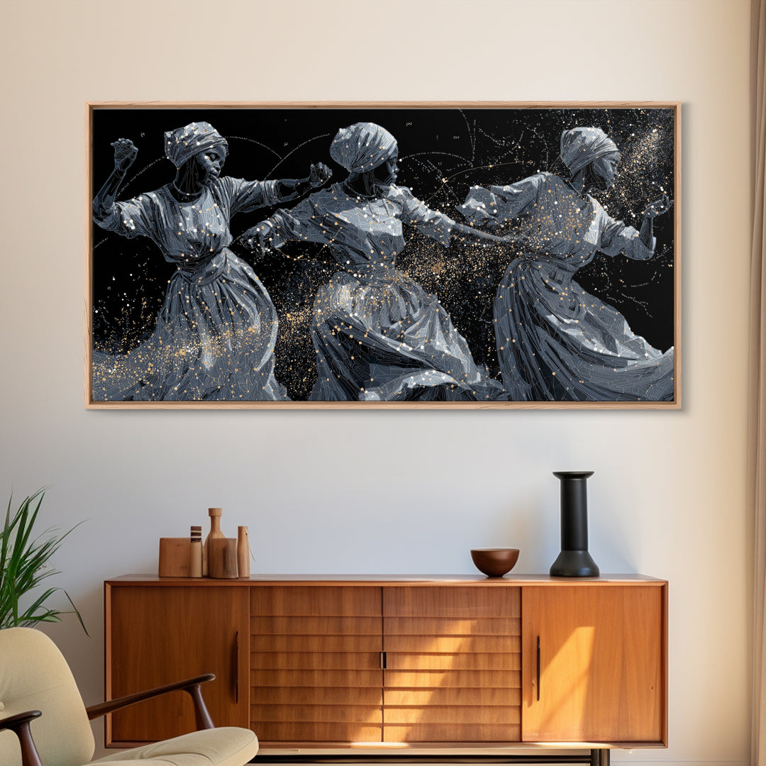 Three Dancing African Women Wall Art, Black And Gold Figurative Painting, Afrocentric Home Decor, Cultural Canvas Gift For Her