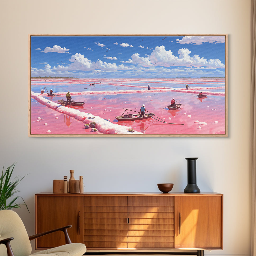Pink Salt Flats With Boats Wall Art, African Coastal Landscape, Flamingo Lake Painting, Large Canvas Decor, Travel Home Gift