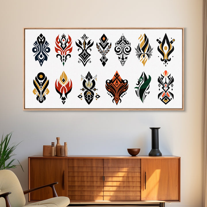 Colorful African Tribal Symbols Canvas Print, Ankara Pattern Wall Art, Ethnic Motif Poster, Modern Afrocentric Decor Gift