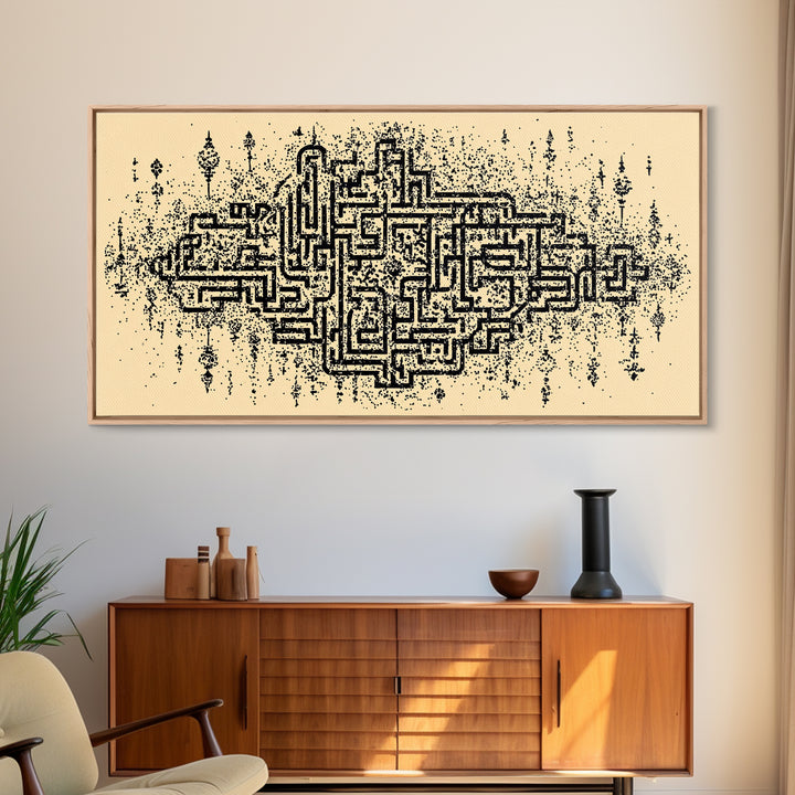 Ancient Maze Pattern Wall Art, Abstract African Textile Inspired Print, Beige Black Geometric Decor, Cultural Canvas Gift