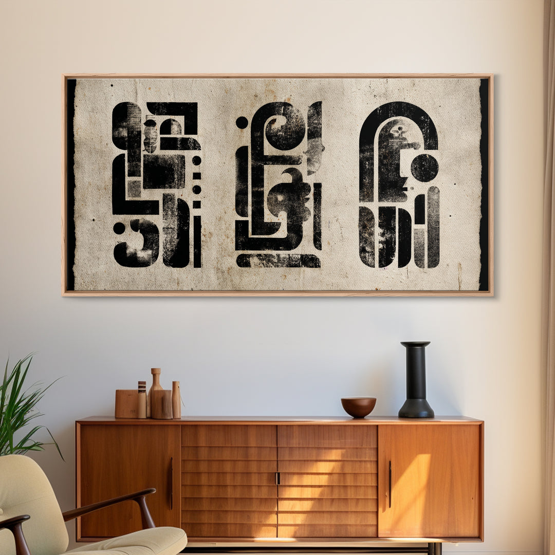 Black Abstract Glyphs Wall Art, African Inspired Geometric Painting, Minimalist Neutral Poster, Modern Home Office Decor Gift