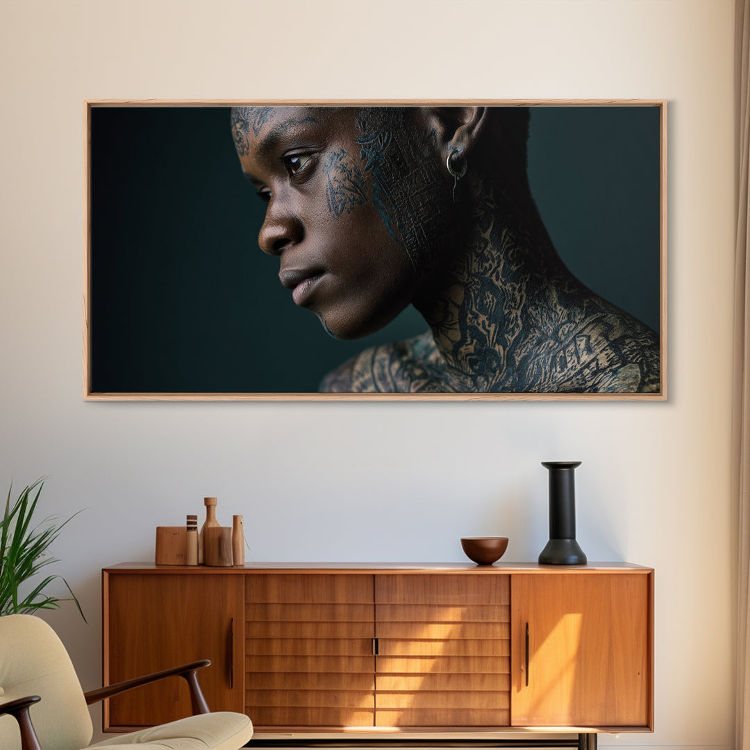 Tattooed Black Woman Portrait Framed Canvas Print, African Beauty Wall Art, Dramatic Profile Photography, Melanin Decor Gift