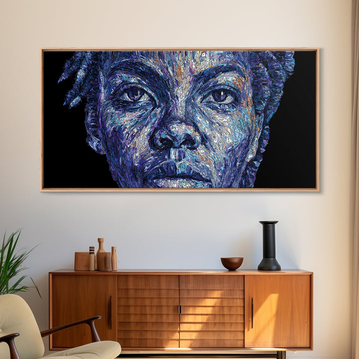 Blue African Woman Portrait Wall Art, Expressive Melanin Painting, Contemporary Black Female Art, Bold Canvas Decor Gift