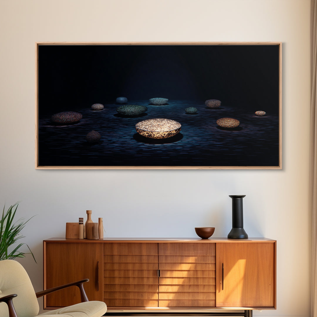 Glowing Beaded Bowls Wall Art, Abstract African Night Water Scene, Luxury Dark Canvas Decor, Modern Gallery Gift For Living Room
