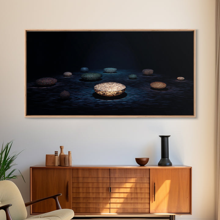 Glowing Beaded Bowls Wall Art, Abstract African Night Water Scene, Luxury Dark Canvas Decor, Modern Gallery Gift For Living Room