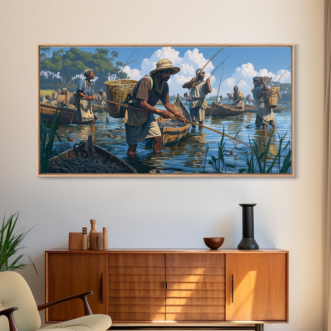 Traditional African Fishermen In River Boats Canvas Print, African Culture Art, Fishing Village, Safari Decor, Living Room Decor