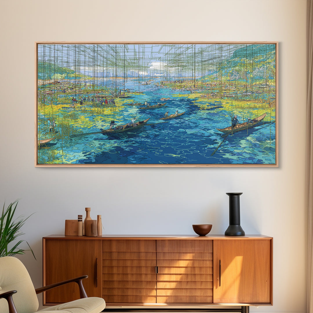 Abstract Blue Wetlands With Boats Canvas Print, Modern African Art, Coastal Landscape, Teal Wall Decor, Large Living Room Art