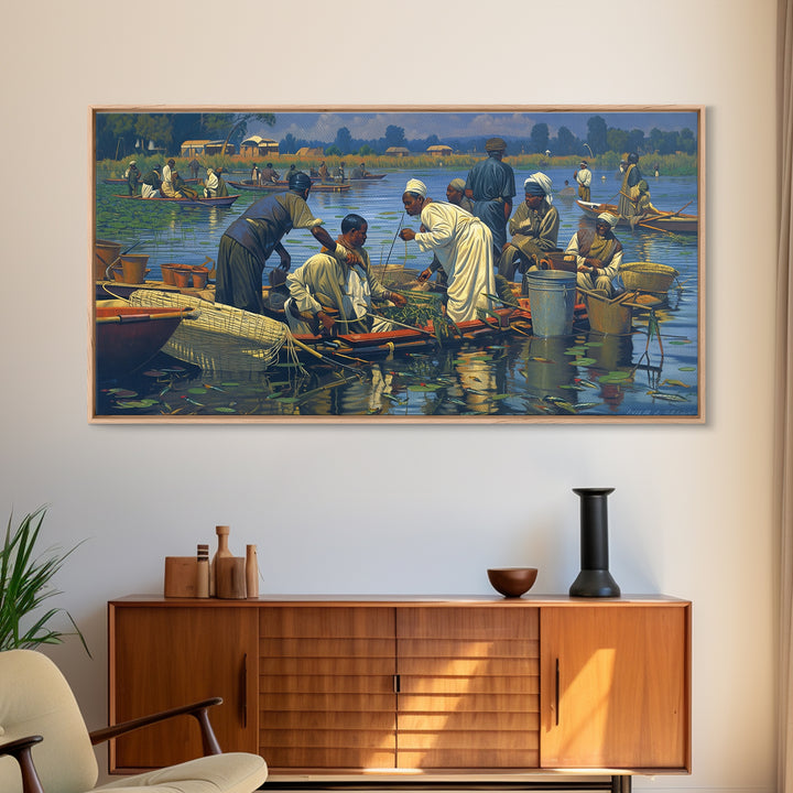 African Floating Market Fishermen On Lake Canvas Print, Traditional African Painting, Cultural Wall Decor, Village Home Decor