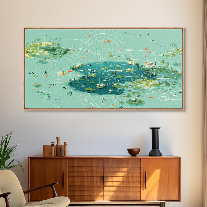 Turquoise Abstract African Wetland Islands Wall Art, Modern Canvas Art, Teal Coastal Map, Digital Art Africa, Unique Decor