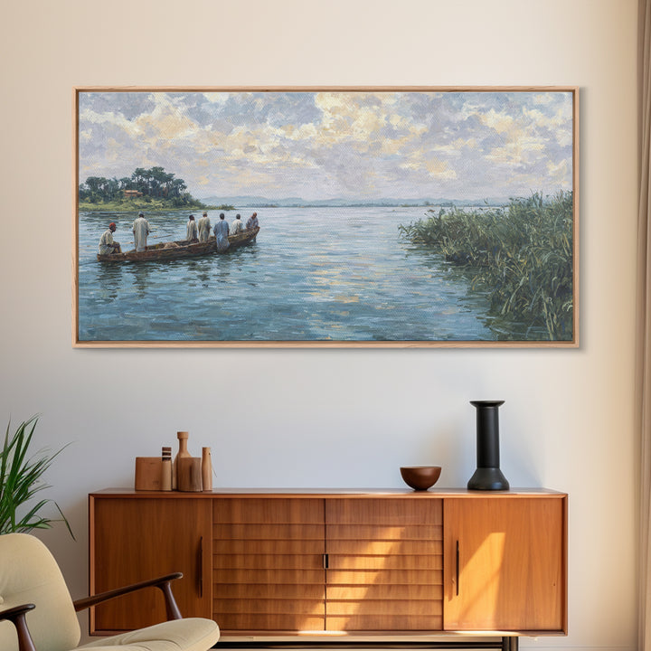 Serene African River Canoe Landscape Framed Canvas Print, Impressionist Nature Scene Art, Blue Wall Decor, Living Room Gift