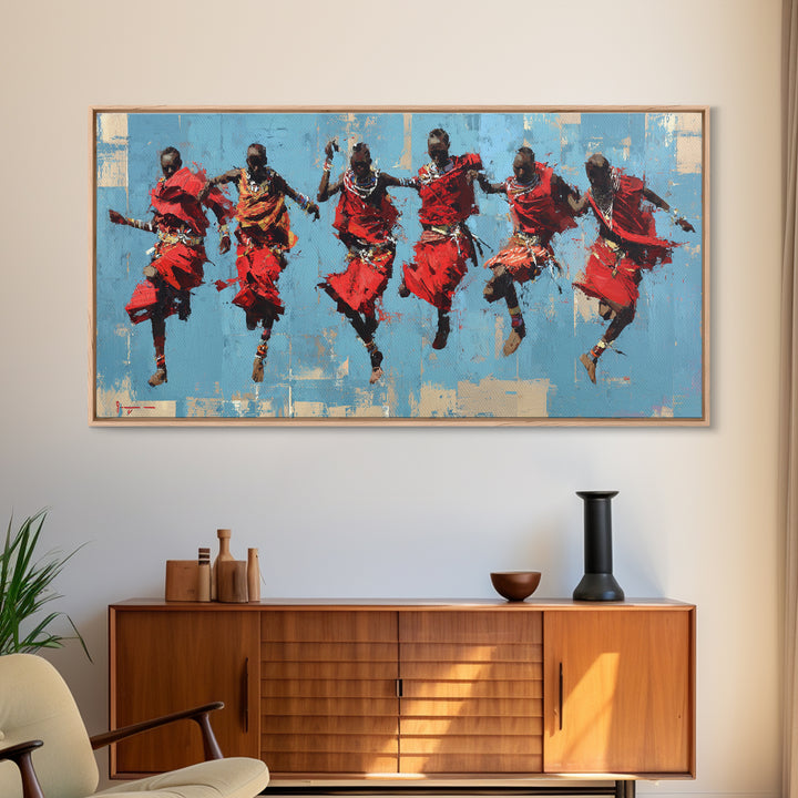 Red Maasai Jumping Dancers Canvas Print, African Wall Art, African Warrior Art, Cultural Home Decor, Safari Decor Gift Art