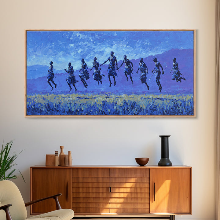 Blue Savanna Jumping Figures Wall Art, African Landscape, Modern African Art, Safari Art, Living Room Decor Canvas Print