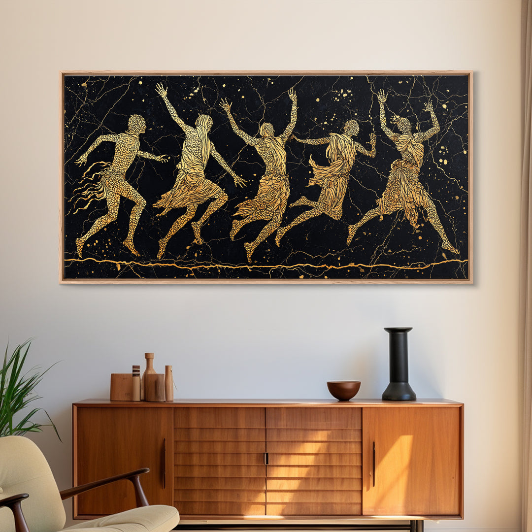 Gold Tribal Dancers On Black Framed Canvas Print, African Tribal Art, Black And Gold Art, Afrocentric Wall Art Decor Gift