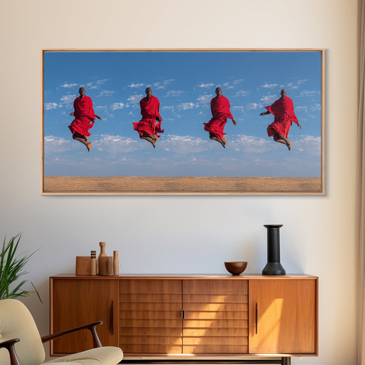 Red Maasai Warriors Jumping Canvas Print, African Safari Art, African Warrior Art, Kenya Print, Statement Wall Decor Gift