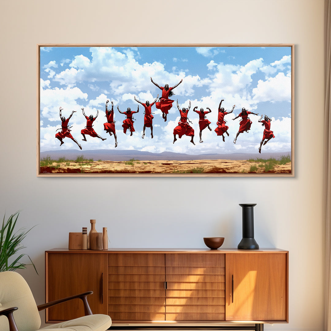 Joyful Red Dancers Under Clouds Canvas Print, African Celebration, African Women Art, Safari Decor, Colorful Wall Art Gift