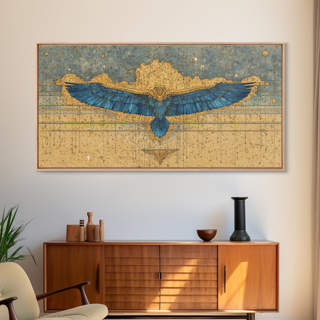 Blue Gold Winged Scarab Wall Art, African Egyptian Art, Ancient African Art, Spiritual Wall Decor, Luxury Canvas Print Gift